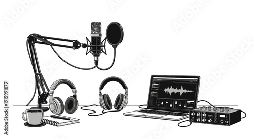 Professional podcasting and audio recording studio setup.