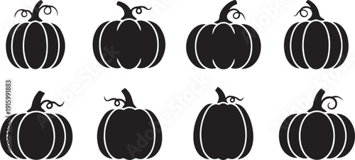 A diverse set of eight black pumpkin silhouettes with unique stems.