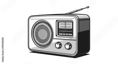 Vintage Radio Receiver with Antenna in Black and White Illustration.