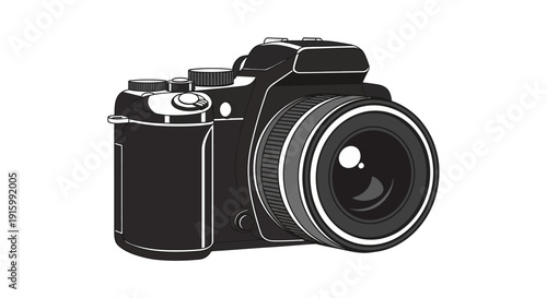 Classic black and white digital camera with prominent lens.