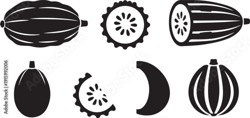 A collection of various melon and gourd silhouettes, whole and sliced.
