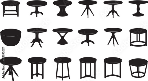 An extensive assortment of various small round tables and stools.