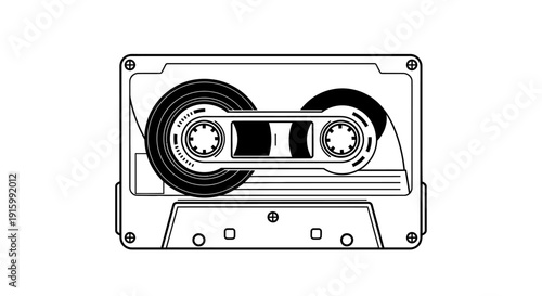 Retro Audio Cassette Tape Outline Drawing on White Background.