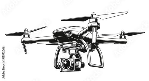 Detailed Engraving of a Modern Drone with Camera.