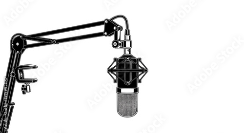 Professional studio microphone on a boom arm for recording audio.