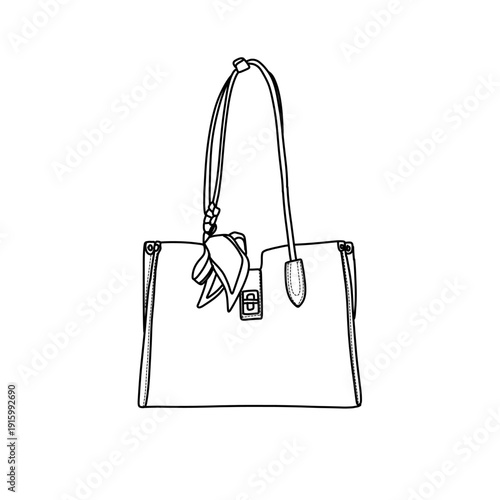 Elegant Handbag Illustration with Scarf Detail and Shoulder Strap.