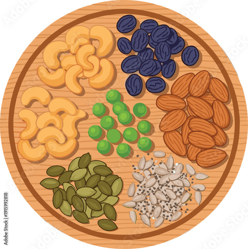 Top-down illustration of a professional wooden snack platter featuring cashews, almonds, raisins, green peas, and assorted seeds for healthy nutrition and gourmet design
