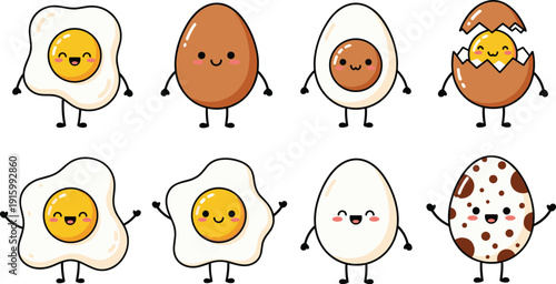 Cute Egg Characters Vector Illustration Set with Fried Boiled and Cracked Shell Cartoon Faces Isolated on White Background