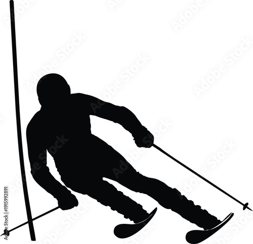 Alpine Skier Silhouette Carving Turn Around Slalom Pole