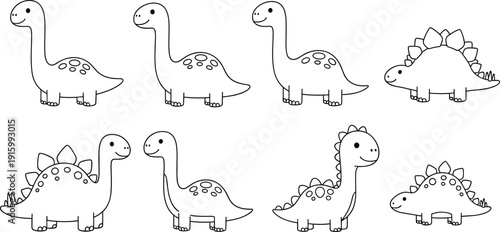 Cute dinosaur outline set with baby dino characters isolated on white background for coloring page, nursery art, and cartoon illustration