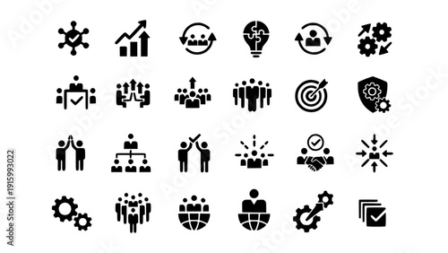 Modern icon set representing business growth, marketing strategy, target audience, teamwork, analytics, and performance optimization.