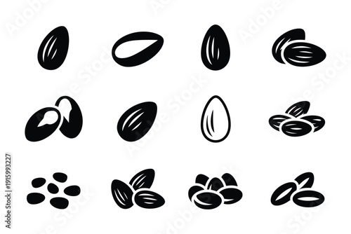 Almond silhouette vector set, whole almond, split kernel, almond in shell, and sliced almond symbols isolated for healthy food design, nutrition concepts, organic products, and packaging graphics