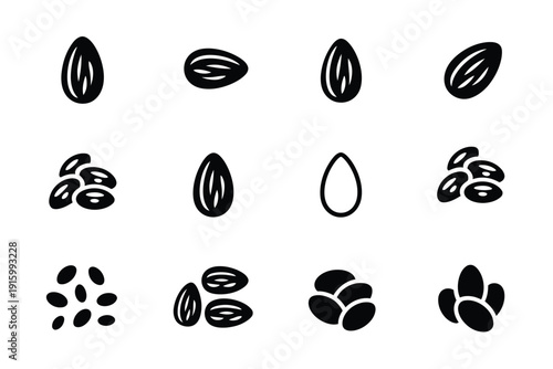 Almond silhouette vector set, whole almond, split kernel, almond in shell, and sliced almond symbols isolated for healthy food design, nutrition concepts, organic products, and packaging graphics