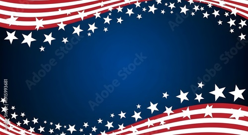 American patriotic background with wavy red and white stripes and white stars on blue