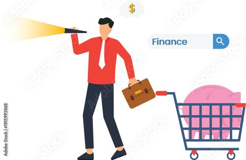 Businessman searching financial planning investment strategy money management savings exploration future vision economic forecast piggy bank shopping cart male entrepreneur flat design search engine