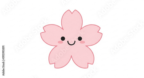 Cute pink flower cartoon character smiling happily on white background