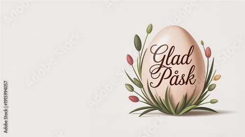 Glad Påsk Swedish Easter greeting card with floral egg design, elegant spring illustration with copy space