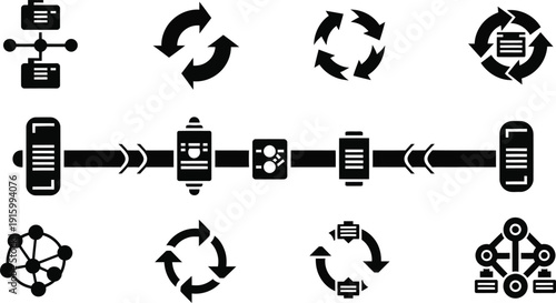 Array of black workflow, process, and network icons collection