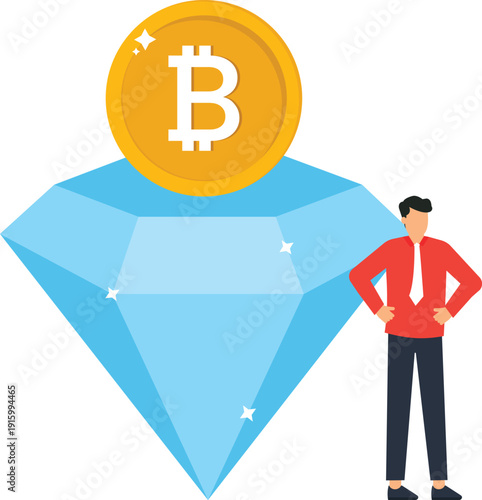 Businessman standing near valuable asset representing Bitcoin investment and digital currency wealth, showing financial success and blockchain technology value.