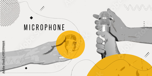 A hand holding a microphone with abstract shapes and text