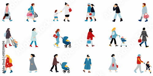 Diverse group of stylized people walking in various outfits and pairings