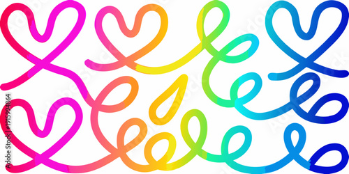 Colorful heart doodles arranged in a repeating pattern on a white background