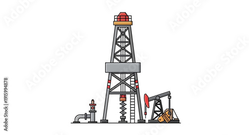 Oil drilling rig and pumpjack illustration on white background.