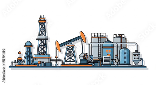 Oil drilling pumpjack and industrial refinery complex illustration.