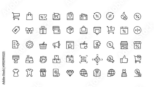 Clean line icon set featuring shopping carts, payment methods, product boxes, delivery, online stores, discounts, and customer service symbols.
