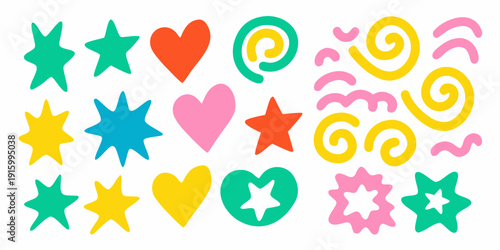 Colorful assortment of playful shapes including stars hearts and swirls