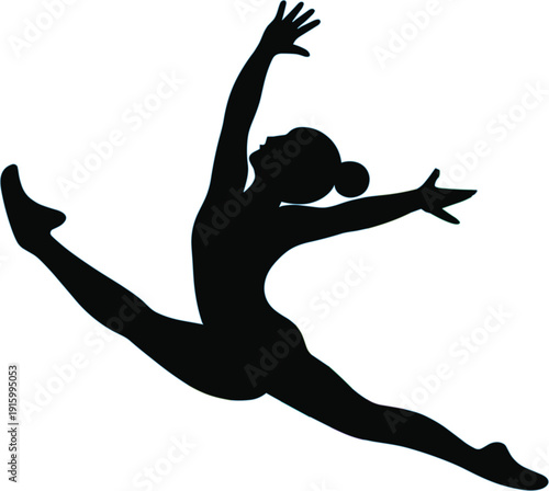 Graceful black and white vector silhouette of a female gymnast performing a dynamic split jump in mid-air isolated on white background