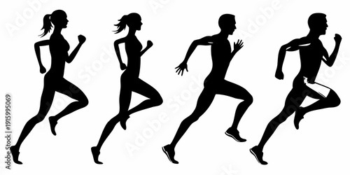 Silhouettes of four people running depicting athletic movement and speed