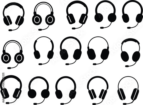 Large collection of black and white headphone vector silhouettes with microphones for call center customer support isolated on white background