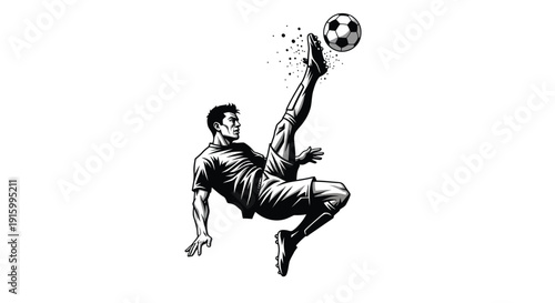 Dynamic black and white illustration depicts a skilled male soccer player executing a spectacular overhead bicycle kick against an isolated white background showcasing athletic precision.