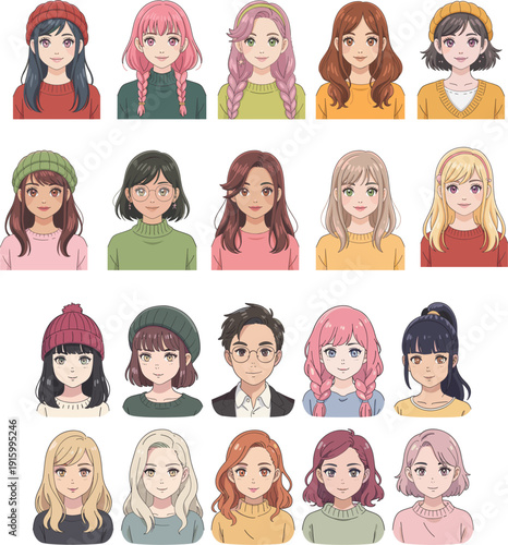 Large collection of anime style character avatars and portraits featuring various hairstyles and outfits for profile icons vector