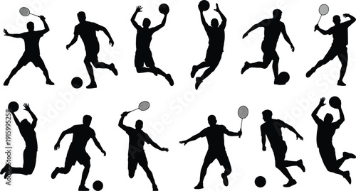 Large collection of black and white vector silhouettes featuring athletes playing tennis soccer and basketball in various action poses isolated on white background