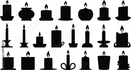 Large collection of black candle silhouettes in various holders and vintage candlesticks for home decor lighting and memorial designs