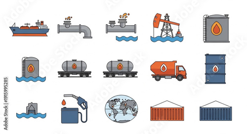 Oil and Gas Industry Icons Set Transportation and Extraction.