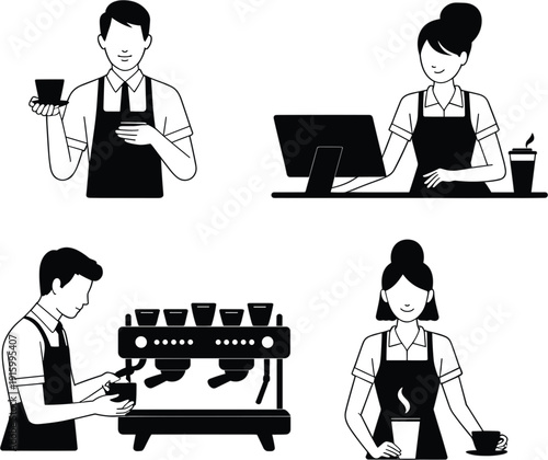 Minimalist black and white vector illustration of professional baristas brewing coffee and serving customers in modern cafe shop setting