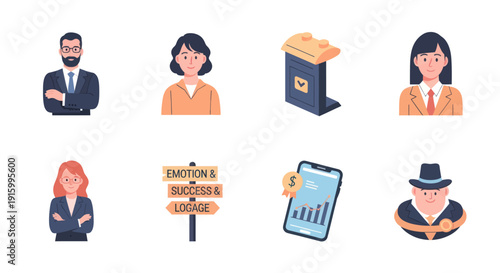 Business people and finance icons including a podium, signpost with emotion success logage words, and a financial growth chart on smartphone, vector illustration