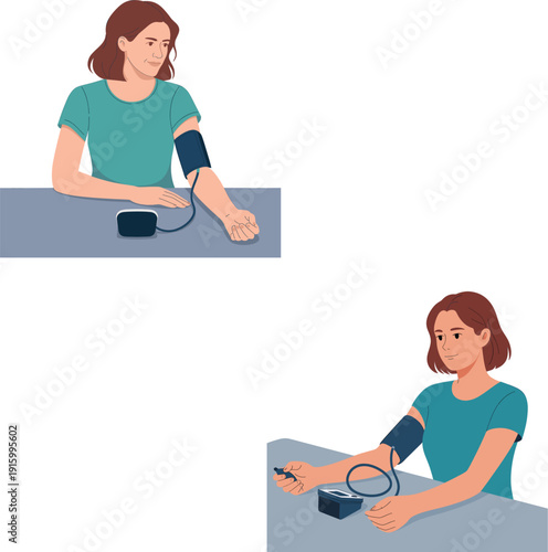Professional female patient characters measuring blood pressure with a digital monitor, health care and hypertension concept flat vector