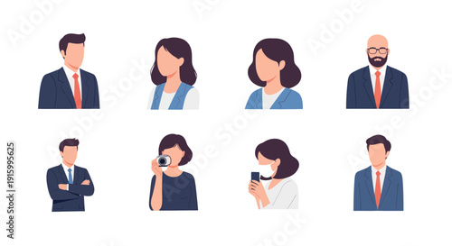 Business people avatars collection including men and women in formal attire, one with camera and one wearing face mask, perfect for corporate profiles and presentations