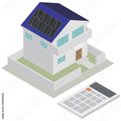 設置費用や売電収支のシミュレーションに使える一戸建ての太陽光発電と電卓のアイソメトリックイラスト