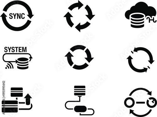 Collection of nine black icons illustrating data synchronization cloud storage and system processes Keywords: sync, synchronization, system, data