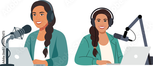 Professional female radio host and podcaster characters with headphones and microphones using laptop computers, flat vector illustration