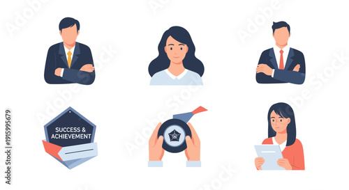 Businesspeople and success icons illustration collection with professional portraits and achievement elements ideal for corporate and teamwork projects