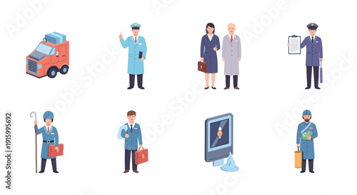 Cartoon medical personnel, ambulance, doctor, nurse, paramedic, and medical equipment icons in flat style for healthcare and emergency services design