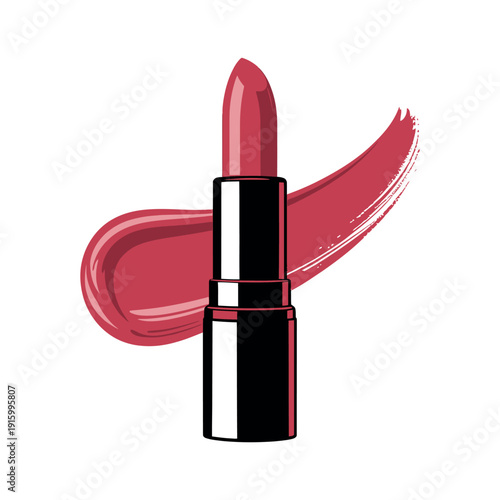 Open tube of rose-colored lipstick is displayed next to a textured, sweeping cosmetic smear.