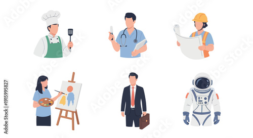 Illustrations of diverse professions including chef, doctor, construction worker, artist, businessman, and astronaut, ideal for career or education themes