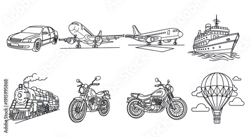Line art collection of transportation vehicles including car, airplane, ship, train, motorcycles, and hot air balloon for travel and transport design